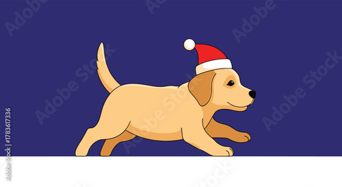 A cheerful cartoon golden retriever puppy wearing a festive red Santa hat runs across a snowy ground against a dark blue background.