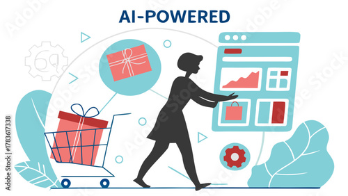 AI Powered Online Shopping Experience Vector Silhouette,  Illustration depicting an AI-powered online shopping experience, with a person interacting with a digital interface and a shopping cart full 