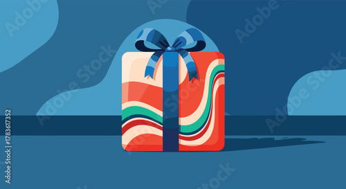 A beautifully wrapped gift box with a blue ribbon and bow sits on a blue surface, against a modern abstract blue background.