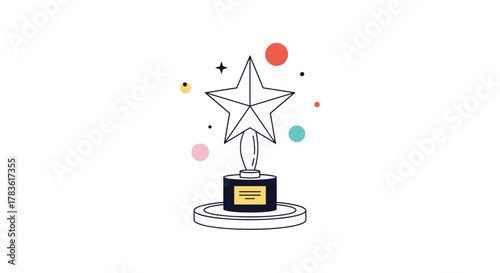 Clean line drawing of a star-shaped trophy with a yellow plaque on a pedestal, surrounded by colorful celebratory shapes, symbolizing achievement.