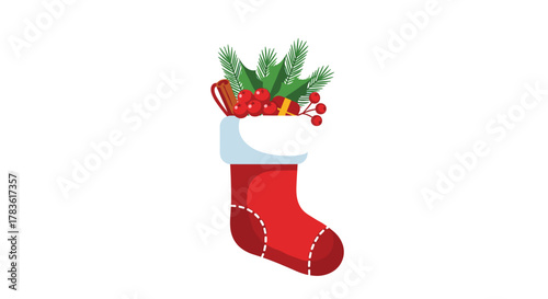 A festive red Christmas stocking filled with holiday greenery, red berries, a cinnamon stick, and a small gift, isolated on a white background.