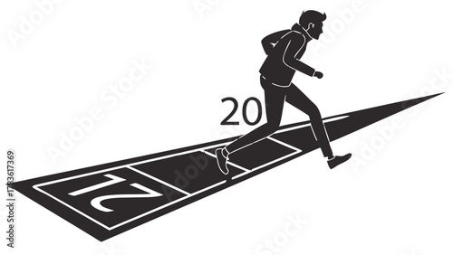 Man Running to Year 2026 Goal Silhouette,  A silhouette illustration of a man running towards the year "2026" on a track, symbolizing progress and reaching future goals