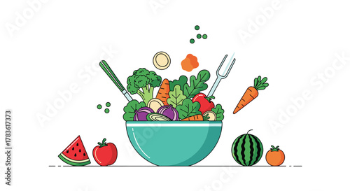 A colorful illustration of fresh vegetables and fruits being prepared in a salad bowl with serving utensils, symbolizing healthy eating and a nutritious lifestyle.