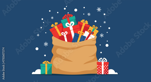 A large brown sack overflowing with colorful wrapped gift boxes, with snow falling on a dark blue background, representing holiday cheer.