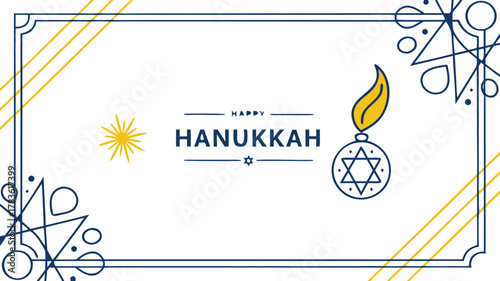 Happy Hanukkah Greeting Card Design Vector,  A clean and modern "Happy Hanukkah" greeting card design featuring a stylized flame, Star of David, and geometric border elements