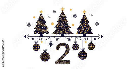 Elegant Christmas and New Year illustration featuring three stylized trees, hanging ornaments, snowflakes, and a prominent golden number two.