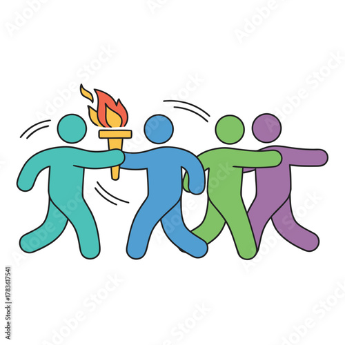 Diverse Group Running Together Passing Torch In Teamwork Relay Race In Modern Cartoon Flat Style