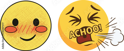 Cartoon Yellow Emoji Faces Depicting Blushing and Sneezing Emotions