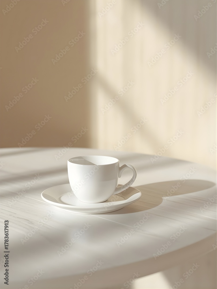 Fototapeta premium Minimal Café Table Setting with Coffee Mug and Dessert Plate in Soft Sunlight