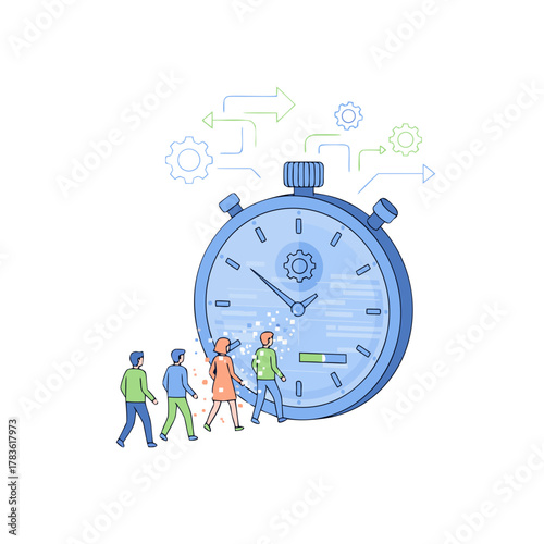 Diverse team coordinating tasks using a large stopwatch symbolizing time management and efficient workflow in a flat vector illustration style