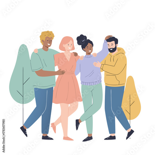 Diverse Group of Friends Sharing a Joyful Moment Outdoors with Stylized Foliage in the Background Vibrant Colors and Flat Vector Illustration Style Capturing Friendship and Connection
