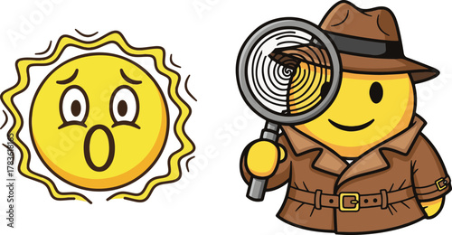 Yellow Emoji Sun and Detective with Magnifying Glass Cartoon