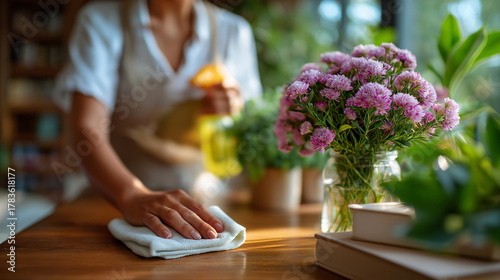 Adult practicing mindful cleaning, slow tidy desk reset, self care, declutter, focus, routine, mental clarity, with copy space
