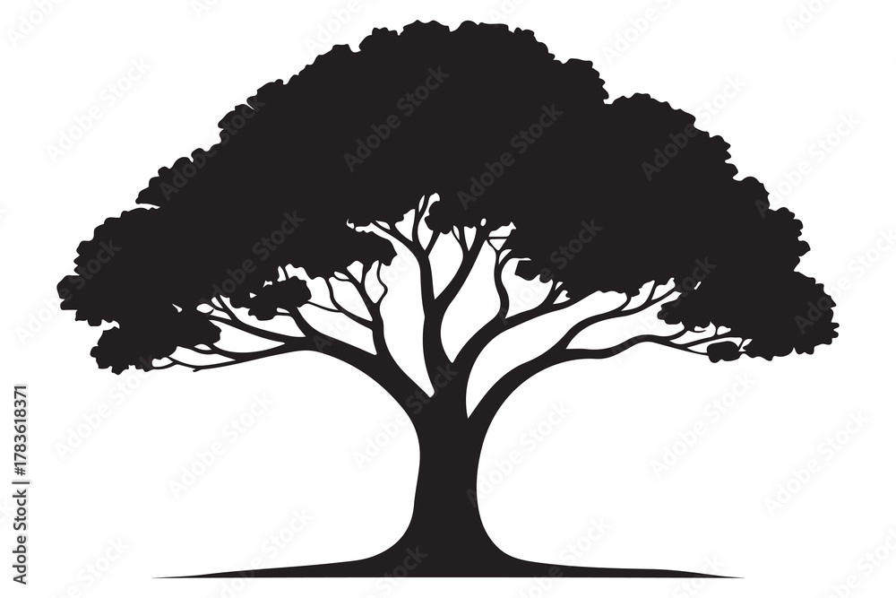 Fototapeta premium Large tree silhouette icon with spreading branches and dense foliage in bold black design 
