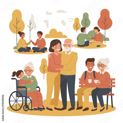 Diverse Group Of People Enjoying Outdoor Activities Together In A Park On A Sunny Day Flat Design Illustration