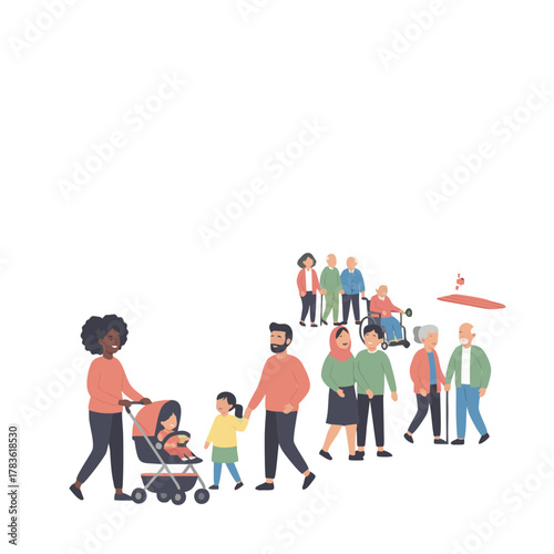 Diverse group of people of all ages walking together in a park scene with soft pastel colors and flat vector illustration style