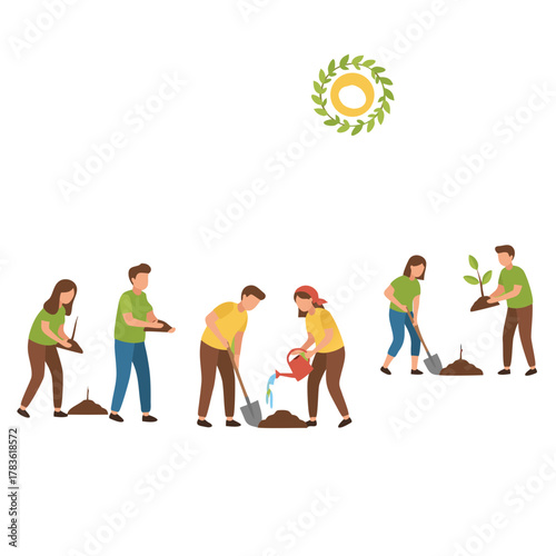 Diverse group of people planting trees together on a sunny day with a golden wreath symbol in the sky