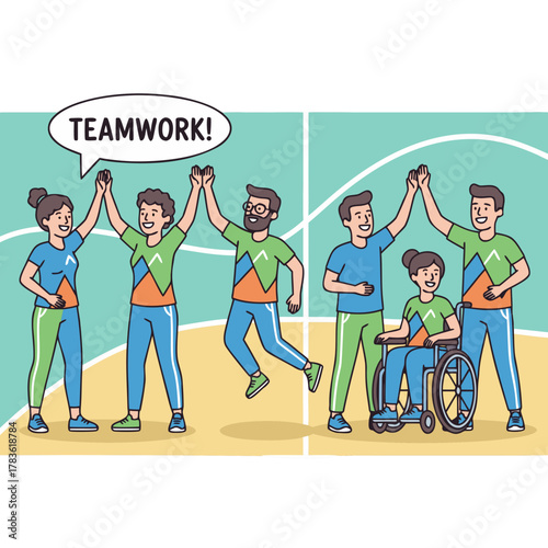 Diverse group of professionals celebrating teamwork and achievement in a sports setting with a person in a wheelchair showing inclusivity and unity