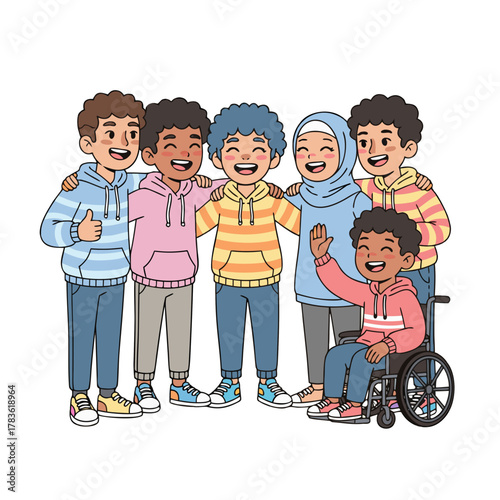 Diverse group of smiling friends of different ethnicities and abilities celebrating together outdoors with arms around each other wearing colorful hoodies and jeans a boy in a wheelchair waves hello