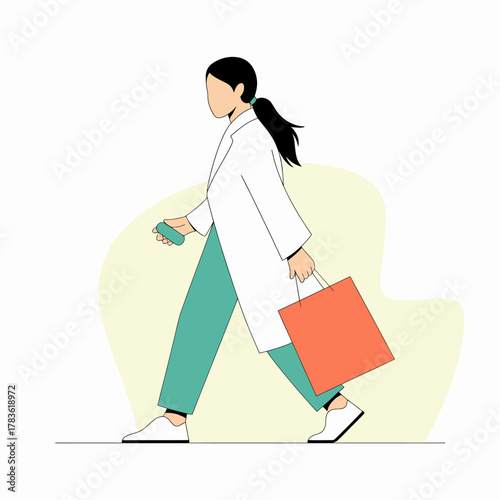 An illustration of a stylish woman walking with a shopping bag, conveying themes of modern lifestyle, consumerism, and urban fashion in a minimalistic design.
