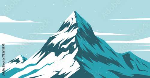 This striking image showcases a snow-capped mountain peak against a serene blue sky, representing the beauty and grandeur of nature's most breathtaking landscapes.