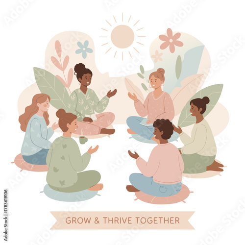 Diverse group of women in pastel outfits sitting in a circle on cushions sharing stories under a stylized sun and floral motifs minimal flat vector illustration promoting togetherness and growth