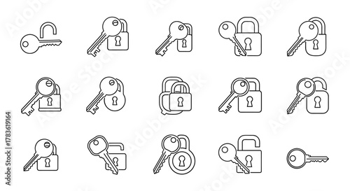 Collection of outline icons featuring keys and locks in various states of engagement, perfect for graphic design, web development, app interfaces, advertising materials, and diverse card designs