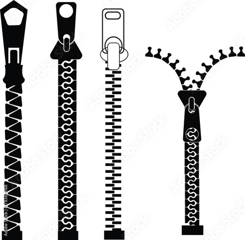  zip fastener with zipper puller. Clasp for clothes. Clothing accessories and zip types. Zippers. Set of closed and open zip with fastener. Unzip, closed zipper locks. Sewing zip line icon -metal zip
