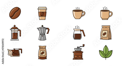 Collection of isolated coffee-related icons on a white background, featuring a coffee bean, takeaway cup, steaming mugs, French press, moka pot, carafe, coffee bag, grinder, and a coffee plant leaf