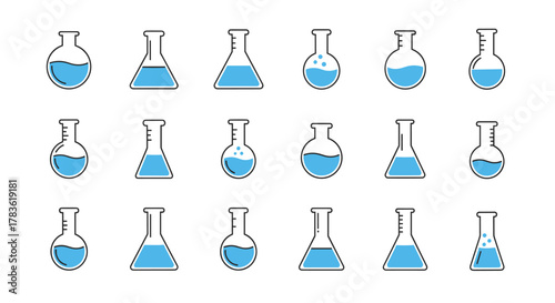 A collection of minimalist, linear icons featuring light blue liquid in various laboratory flasks, including round-bottom and Erlenmeyer designs, perfect for web, graphic design, apps, banners