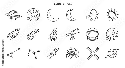 A collection of hand-drawn, editable stroke line icons representing planets, celestial bodies, and space exploration elements, perfect for web design, educational materials, and creative projects.