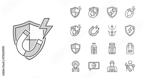 Minimalistic thin line icon set featuring a shield with a magnet and lightning bolt, symbolizing protection, power, and technology. Includes various related icons like magnets, shields, lightning