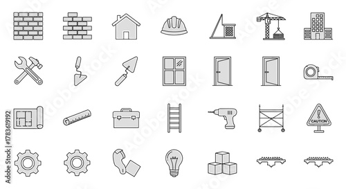 A comprehensive collection of building and construction-related line icons, featuring elements like brick walls, houses, hard hats, tools, blueprints, windows, doors, cranes, and safety signs