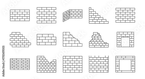 Collection of simple linear brick wall outline illustrations, featuring various designs like straight walls, broken sections, staircases, and openings for doors or windows, suitable for web, books