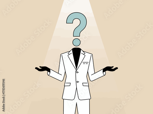 A headless figure in a suit stands under a spotlight, symbolizing anonymity and curiosity, evoking questions about identity and the essence of being in society.