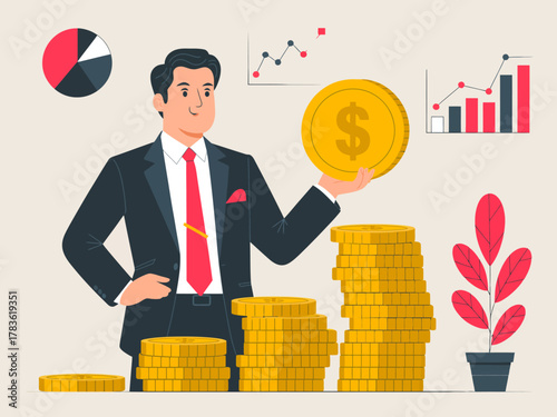 An illustration of a professional businessman proudly holding a coin with financial graphs and analytics in the background, symbolizing success and growth in investment.