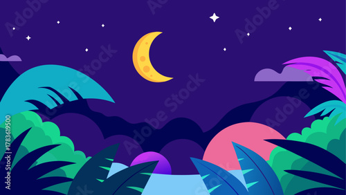 Night scene with moon and tropical plants