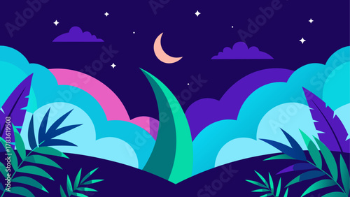 Illustration of night sky with moon and leaf