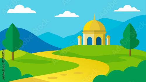 Cartoon landscape with mosque and clouds
