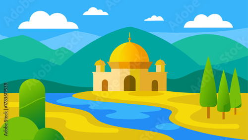 Cartoon mosque landscape with river and trees