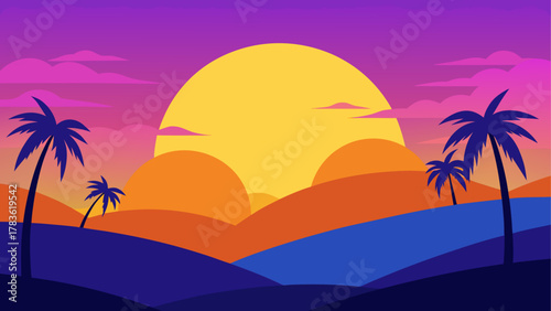Sunset scene with palms and rolling hills