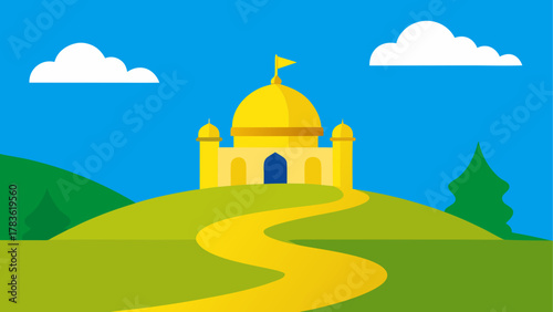 Golden temple on a hill with clouds above