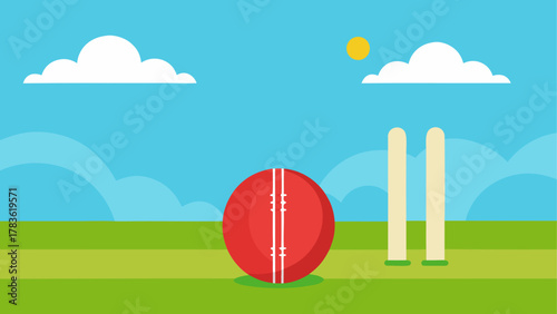 Cricket ball and wickets on green field