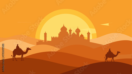 Camel riders in desert with city at sunset