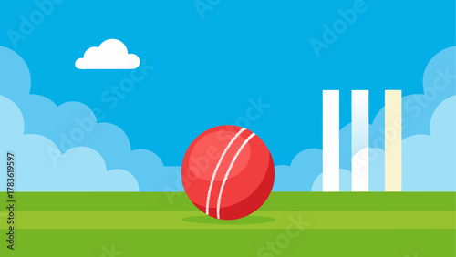 Cartoon cricket scene with ball and sky