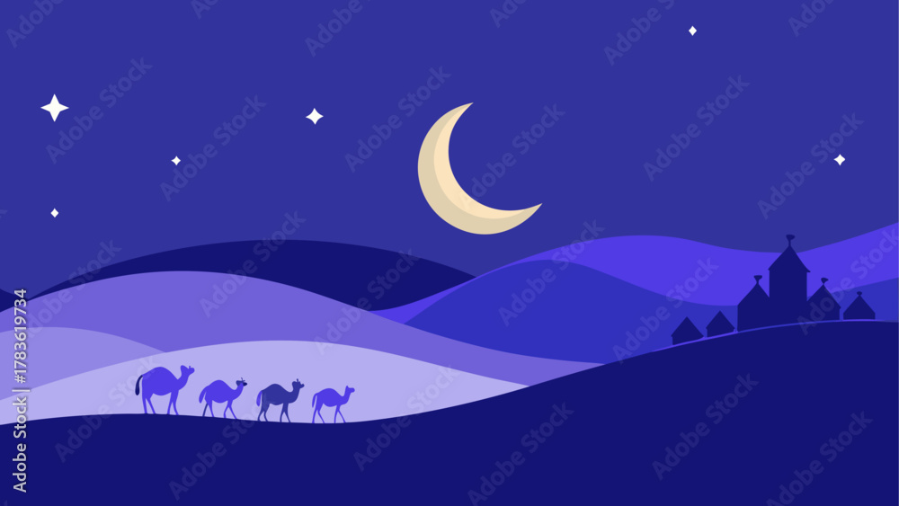 Obraz premium Camels walking in desert under moon night