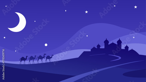 Camels walking in desert at night scene