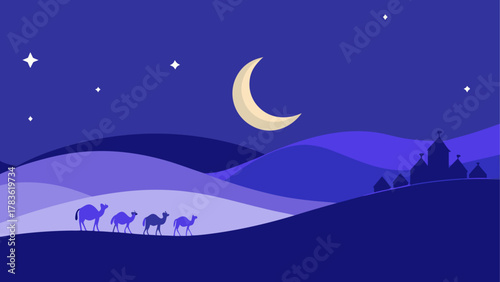 Camels walking in desert under moon night