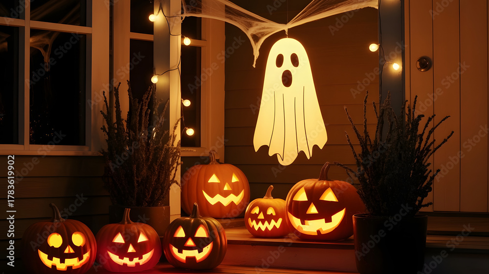 Obraz premium Spooky Halloween Night with Glowing Jack-O'-Lanterns and Hanging Ghost Decorations on Porch