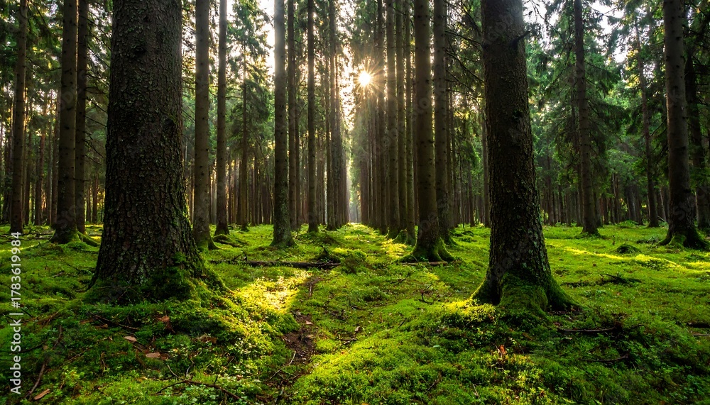 Fototapeta premium Sunlight streams through dense forest, illuminating mossy ground. Tall trees create a pathway. The scene evokes peace and natural beauty